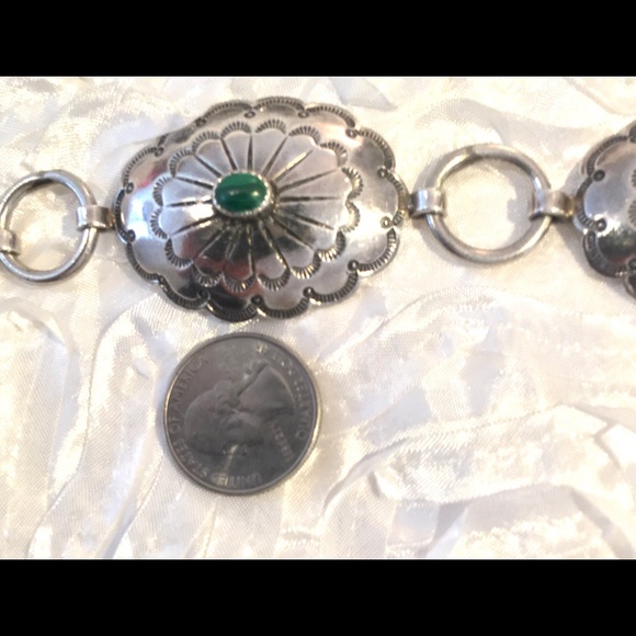 Vintage Navajo Handmade Concho Stamped Sterling Silver Malachite Belt Med Adjust - Picture 8 of 15